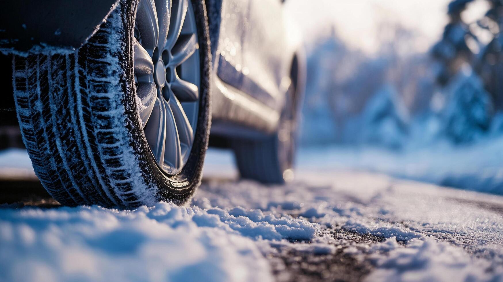Close-up of a car tire covered in snow, driving on a snowy road with wintery forest background. Safe winter driving concept. photo