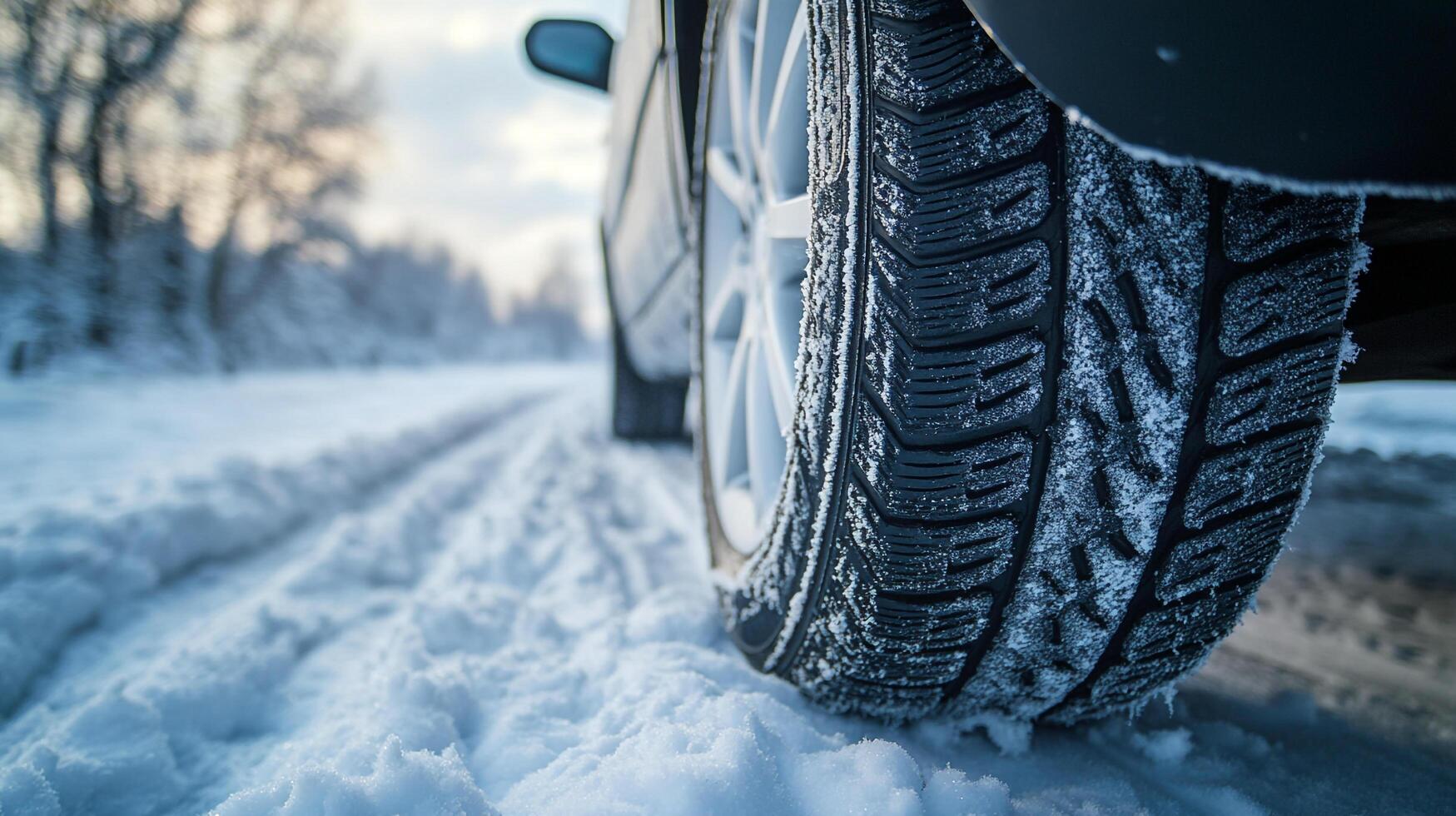 Winter car tire on a snowy road. Driving in harsh weather conditions. Safety measures for a smooth drive in cold weather. photo