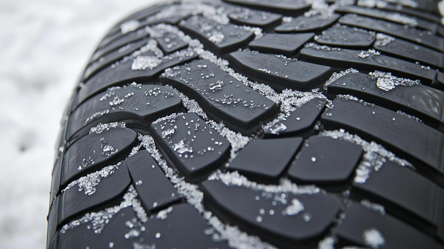 Close-up of tire tread pattern showing intricate design in snowy conditions, symbolizing safe winter driving with traction in cold weather. photo