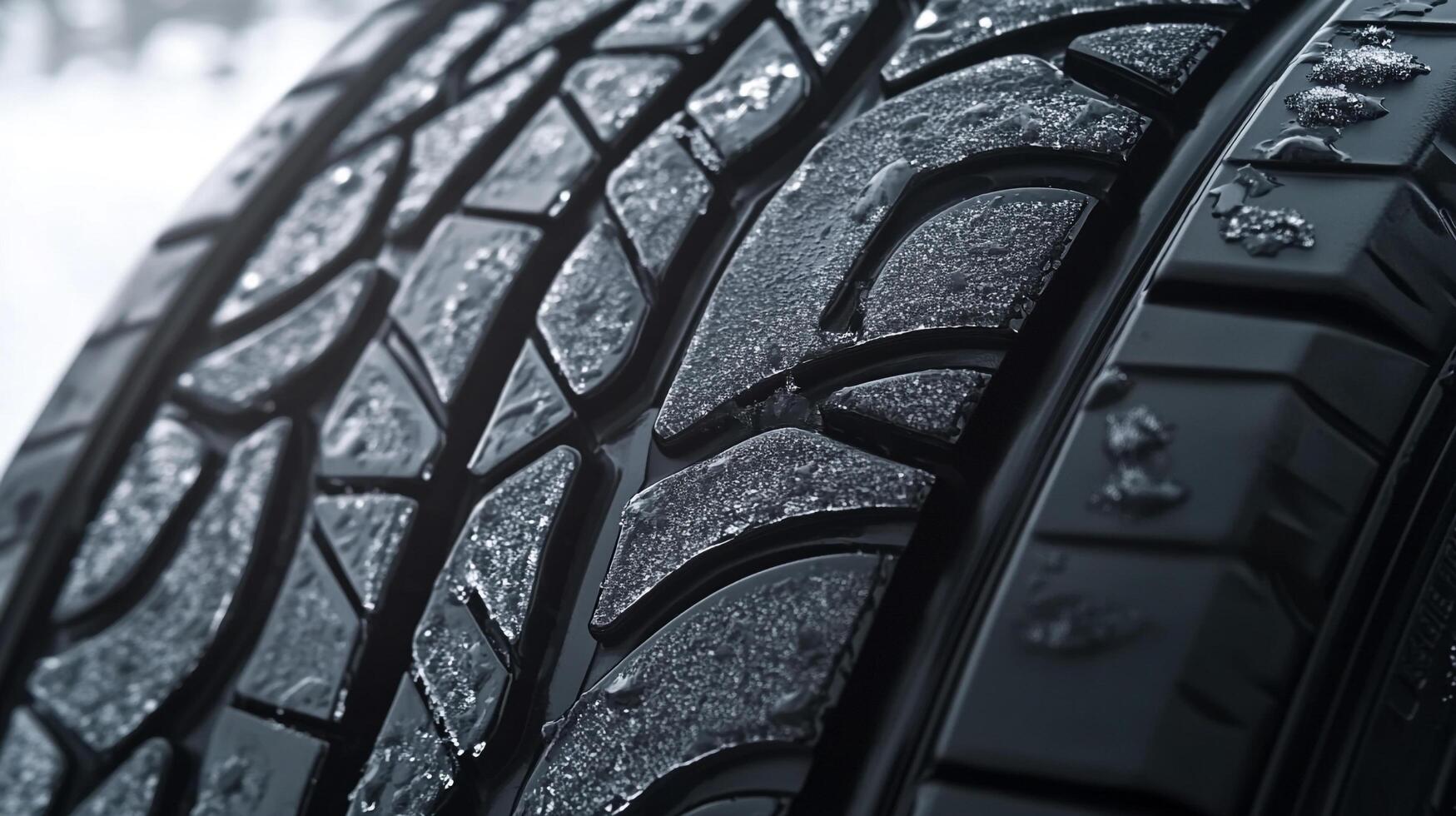 Close up of a tire with a detailed tread pattern, partially covered in water droplets or ice crystals, suggesting winter conditions. photo
