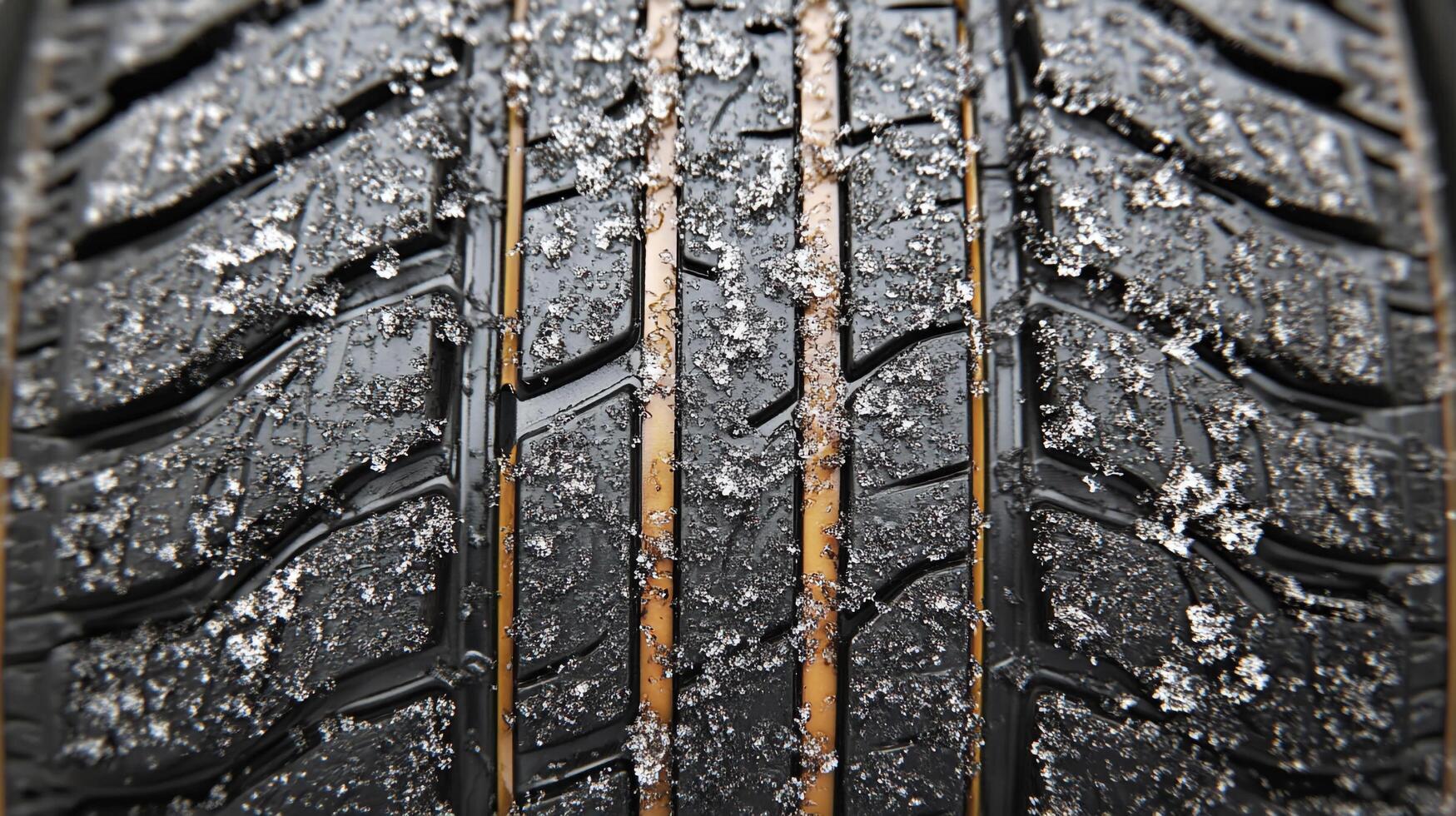 Close-up of a wet tire with ice and snow clinging to the treads. Winter driving, safety and automotive themes highlighted. photo