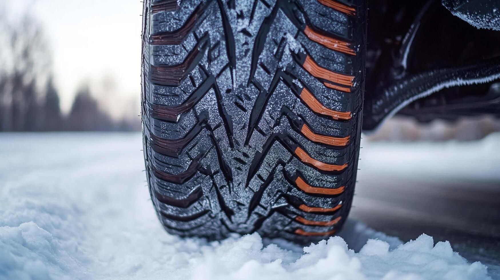 Winter tire grip displayed on snow surface. Tire has an aggressive tread pattern offering enhanced traction in snowy conditions. photo