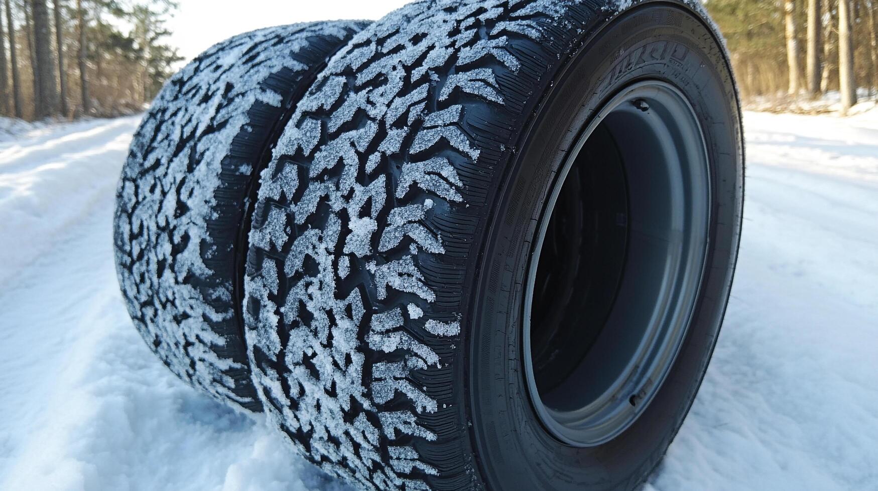 Close-up of two automobile tires standing in the snow. Deep treads provide traction. The tires have snow packed into the treads. photo