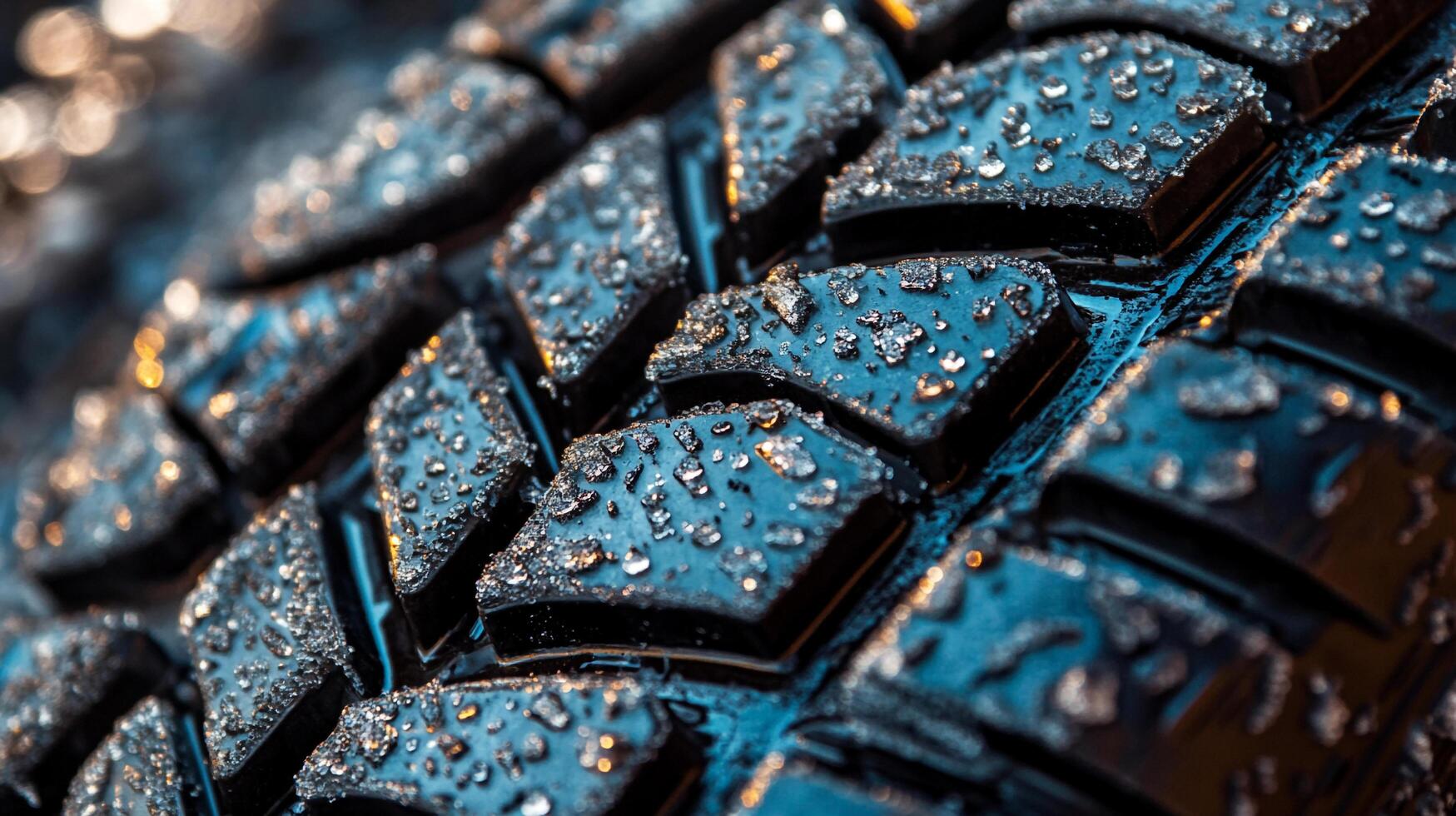 Close-up of a tire tread with water droplets, enhancing grip and symbolizing durability in challenging driving conditions. photo