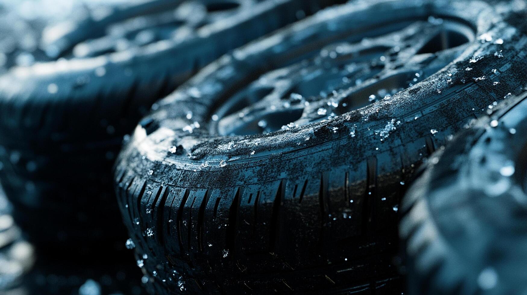 Icy tires are pictured up close. The tires are covered in ice and snow, and the treads are clearly visible in the cool and wet conditions. photo