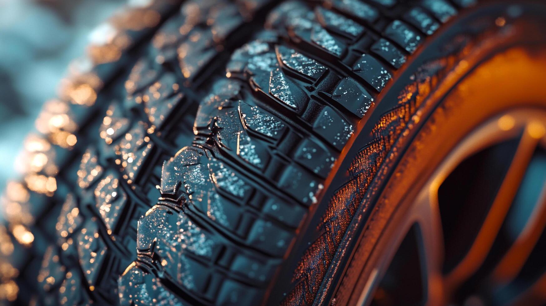 Tire tread covered with ice. Car tire with a metal wheel, covered with ice after driving in winter weather conditions. photo
