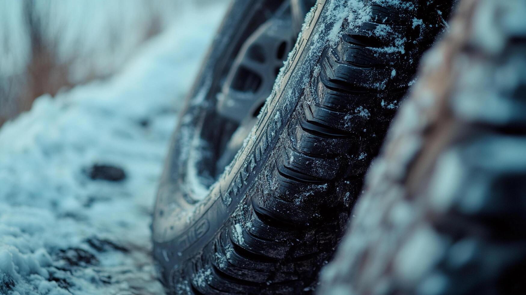 Close-up of a tire covered in snow suggests winter driving conditions, off-road adventure, and the importance of reliable vehicle equipment. photo