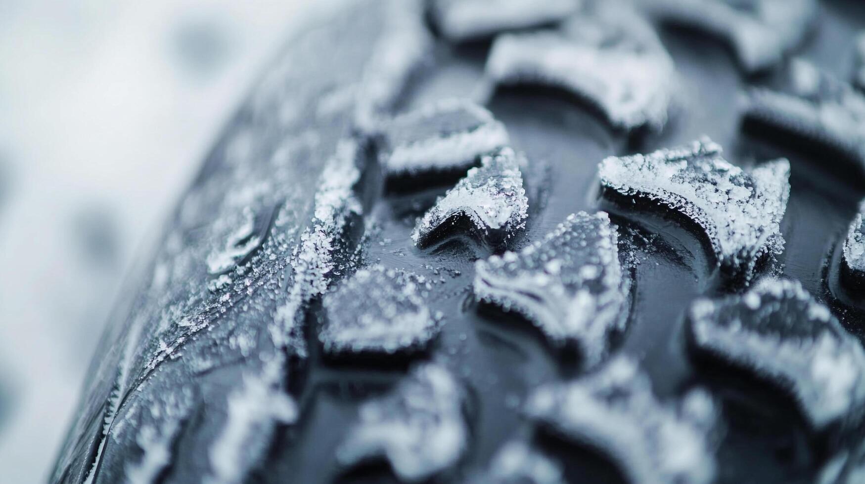 Close-up of a tire with rugged treads covered in frost. Details highlight traction in winter conditions, safety, and snowy environment. photo