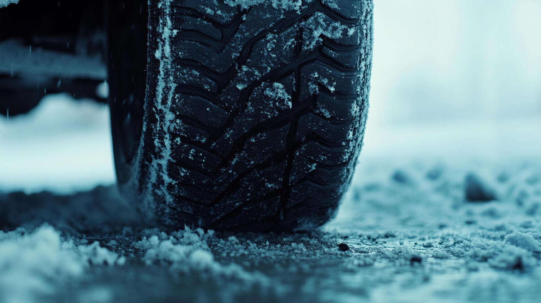Vehicle tire covered in snow, displaying its tread pattern on a cold, winter day. The tire is gripping the icy road for safety. photo