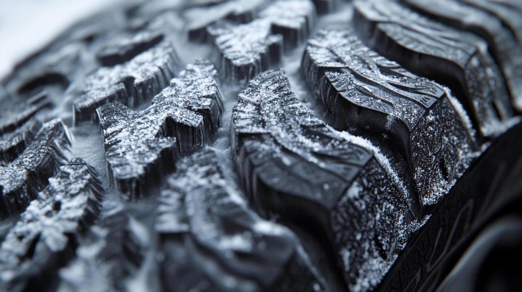 Close-up of tire treads covered in snow, showcasing the detailed patterns and texture designed for winter driving and enhanced grip. photo