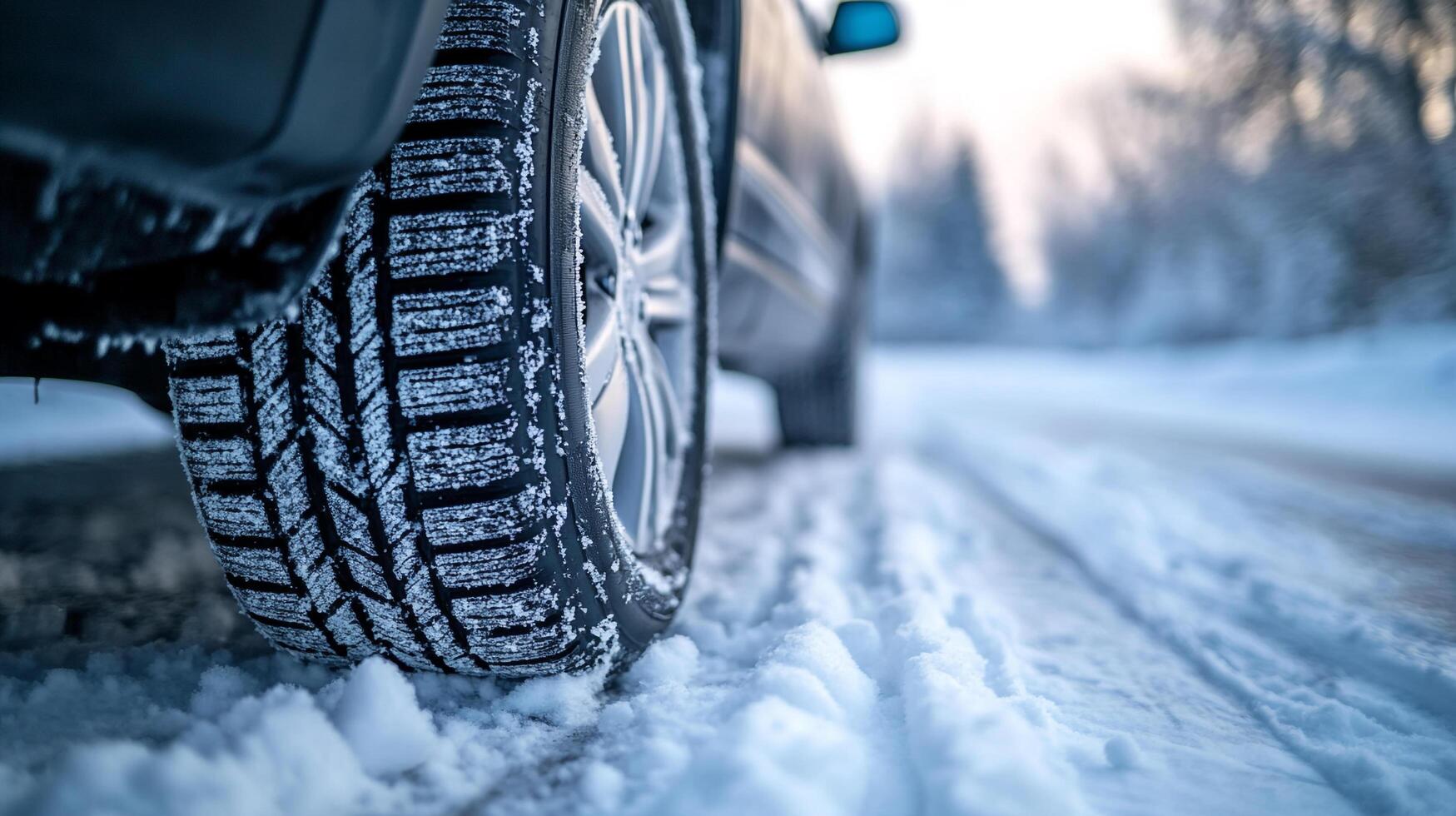Close-up of a vehicle tire covered in snow, showcasing winter driving conditions on a snowy road. Blurry trees in the background. photo