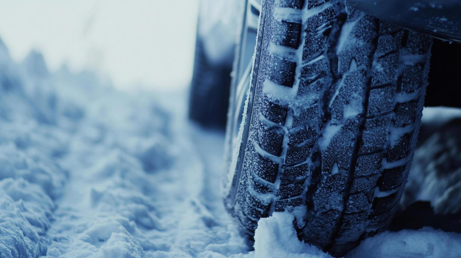 Tire tracks in snow show a vehicle driving through wintry conditions with cold weather impacting travel and transportation. photo