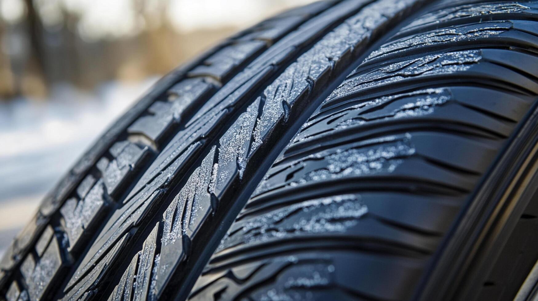 Close-up of car tires with snow on the treads, conveying winter driving and safety on the road. Dark rubber textures and icy surfaces. photo