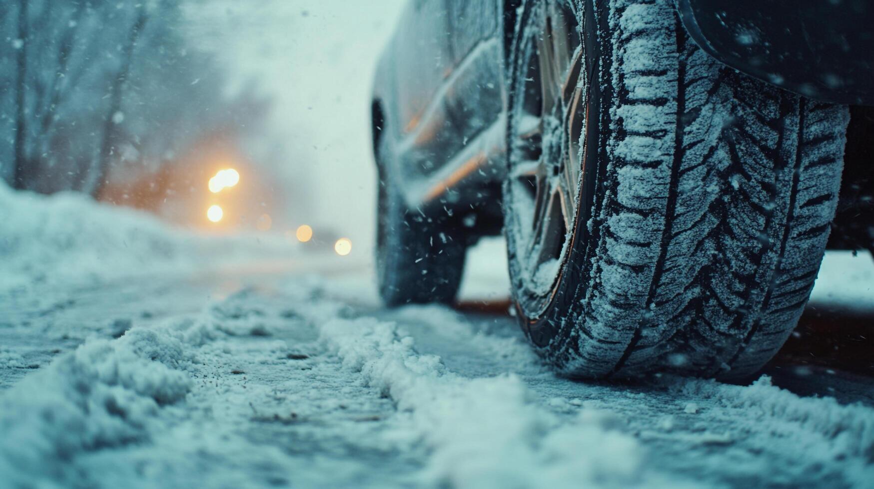 Car tire treads making tracks through the snow, on a wintery road, ensuring safe and reliable mobility during adverse weather conditions. photo