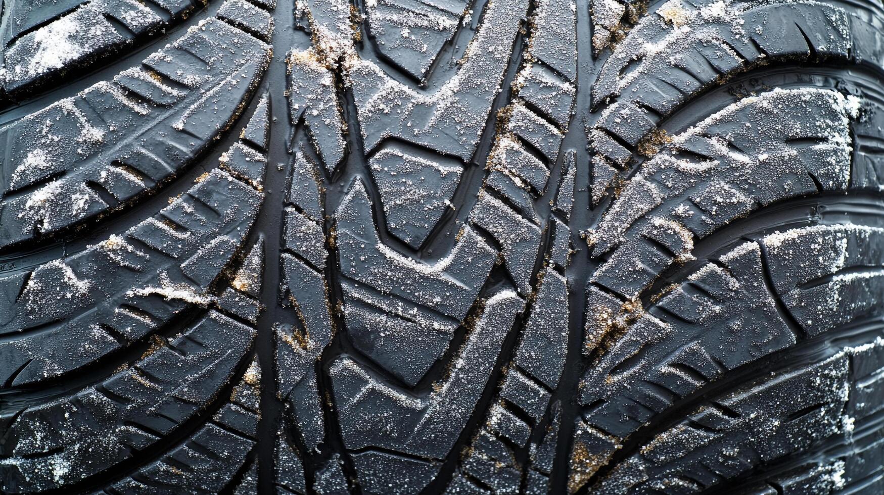 Close-up of a black tire with visible tread pattern, partially covered in snow, showcasing winter driving conditions and tire grip. photo