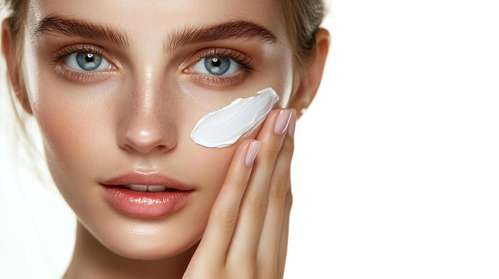 Woman with radiant skin applying moisturizer to her face for hydration and youthful glow, a perfect complexion and natural makeup look. photo