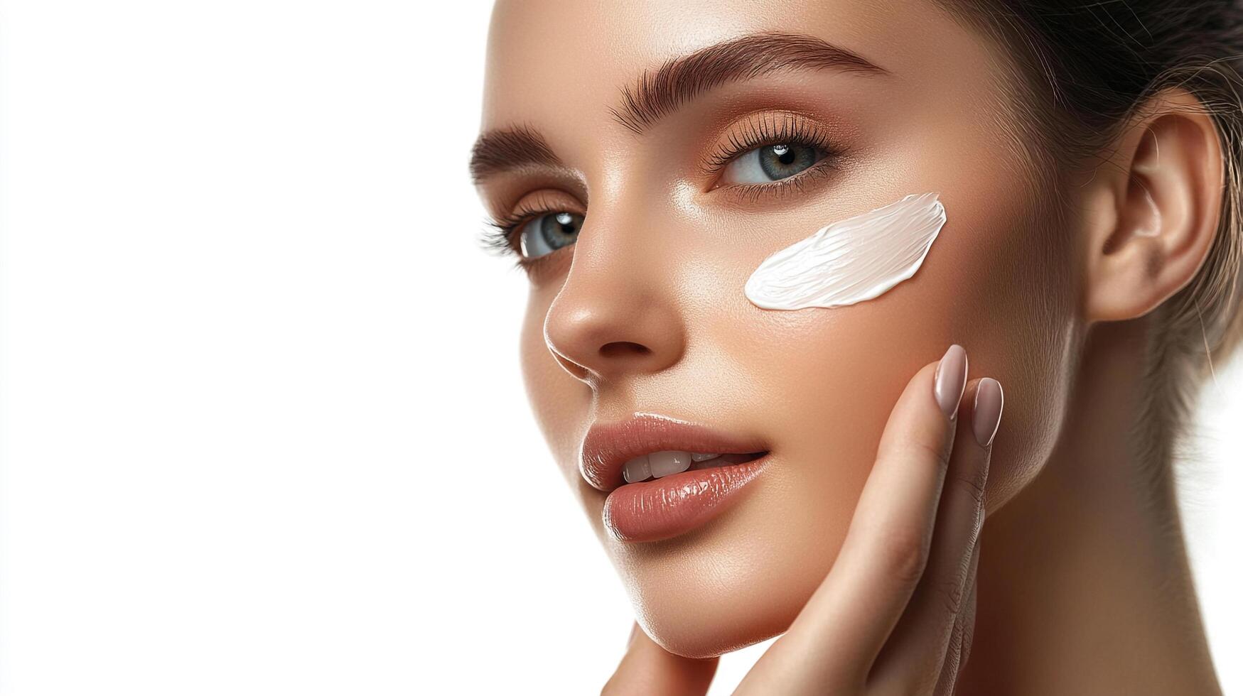 Woman applying skincare lotion to face. Promoting self-care through beauty products for radiant, healthy skin. Clean background emphasizes glow. photo