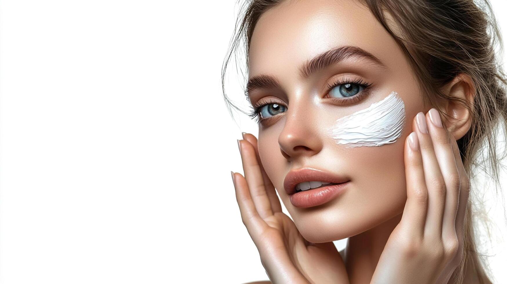Woman applying cream on face. Close-up of a model with light eyes gently massaging moisturizer. Focus on skincare for a radiant complexion photo