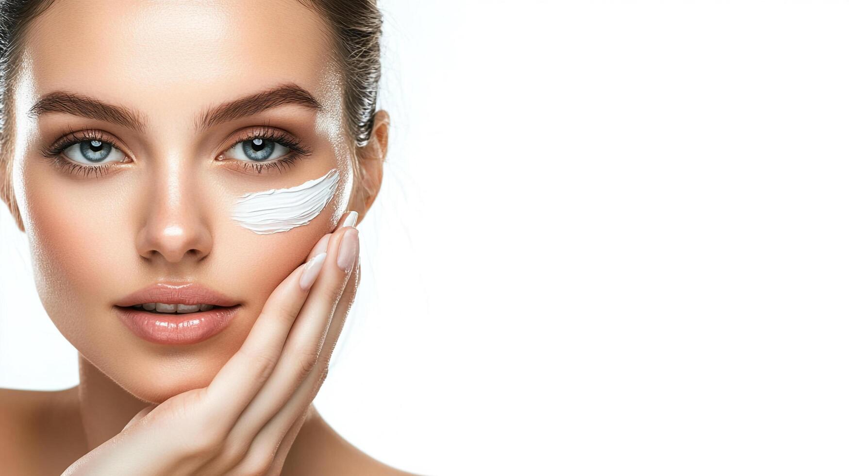 Radiant woman applies a creamy moisturizer near her eye, gently holding her face with delicate fingers against a bright, minimalist backdrop. photo