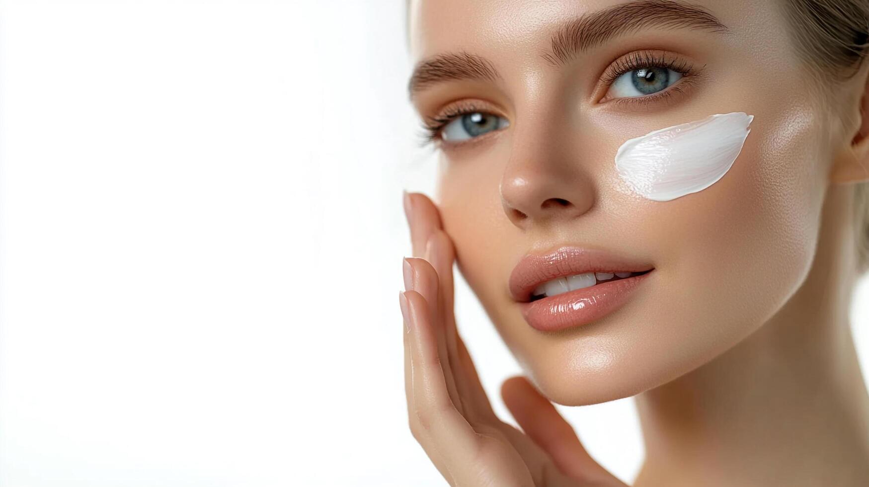 Radiant beauty shown by a woman applying facial cream, highlighting skincare and luminous complexion, for health and well-being promotion. photo