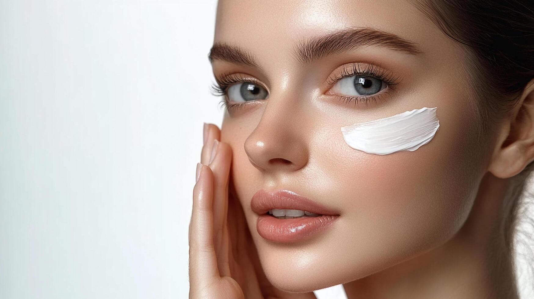 Beautiful woman applying skincare. Close up on her face as she gently smooths cream. Radiant skin and focus on healthy glowing skin. photo