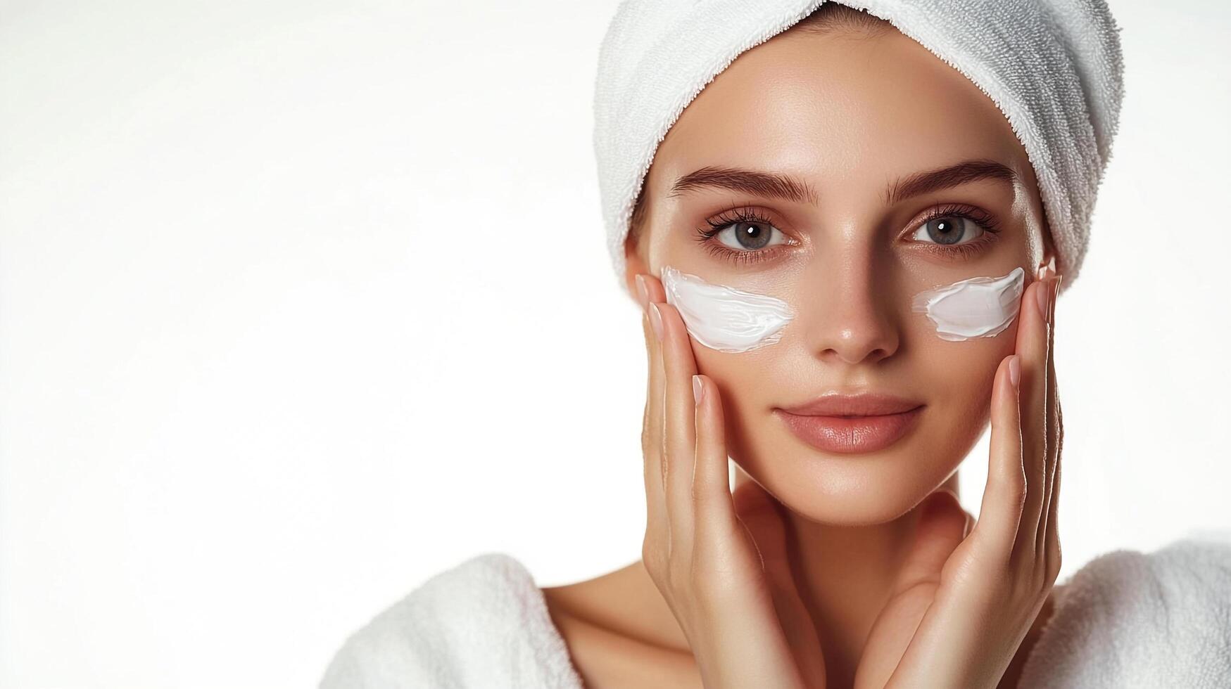 Woman applying facial cream. A young woman with a towel on her head applying face cream. Beauty and skin care concept. Cosmetology and spa. photo