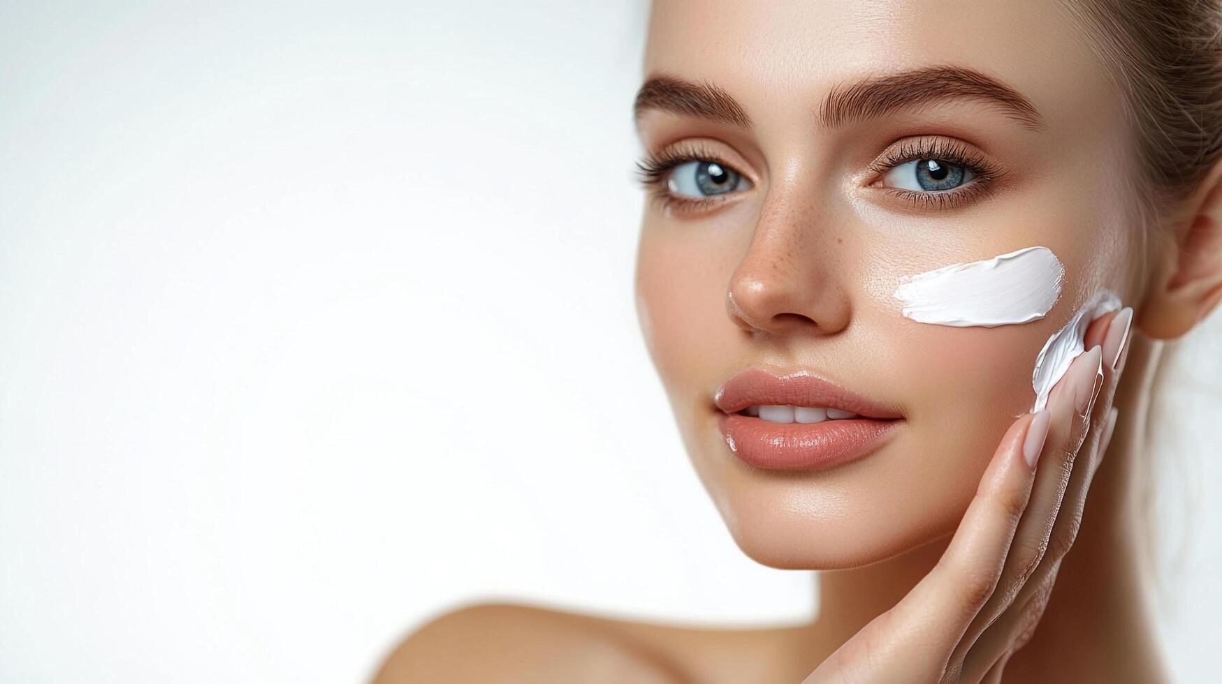 Woman applying facial cream for skincare routine with bright blue eyes, light brown hair and flawless skin in a beauty close-up. photo