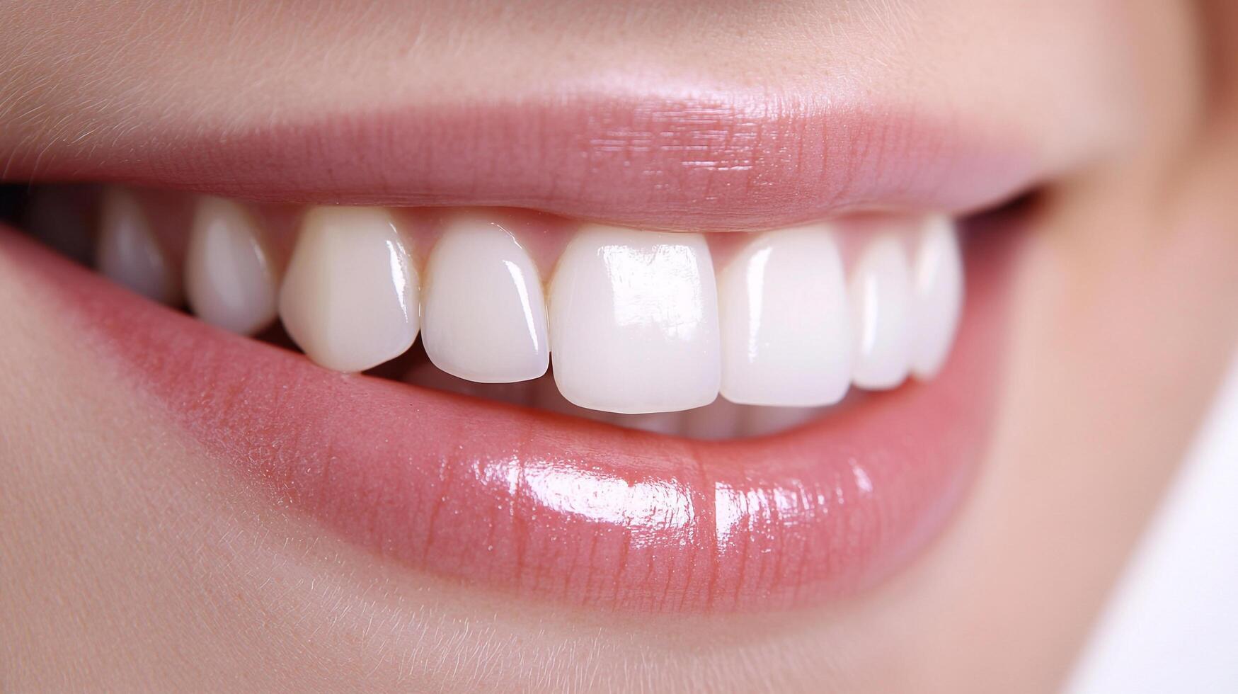 A close up of a person's mouth with perfect white teeth and shiny lips with pink lipstick, showcasing beauty and dental health. photo