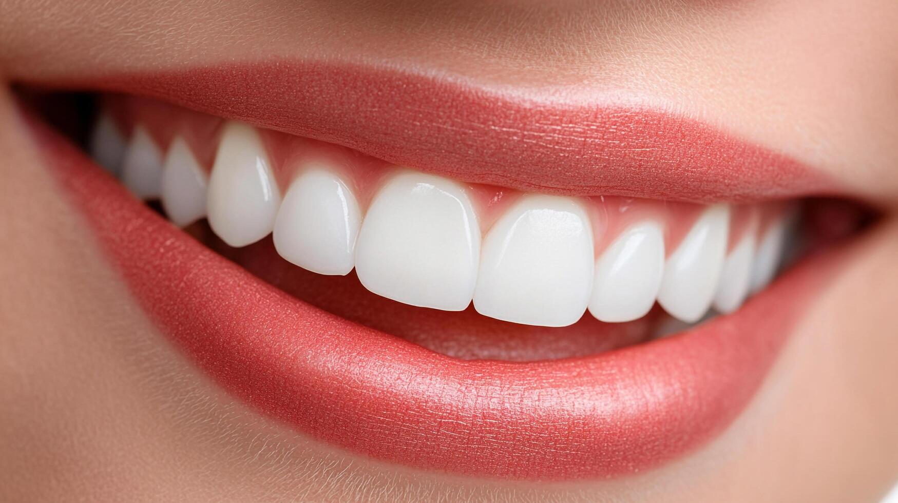 A perfect, healthy smile with straight, white teeth and glossy lips showcasing excellent dental care and cosmetic enhancements. photo