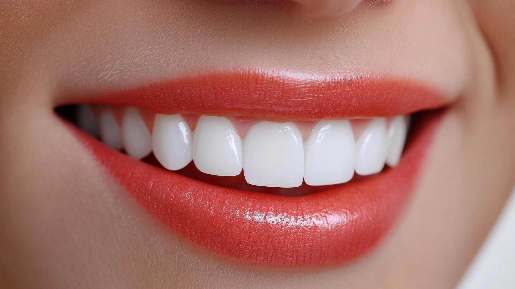 Close-up of a bright, healthy smile with pearly white teeth and red lips. A perfect combination of dental care and beautiful makeup. photo