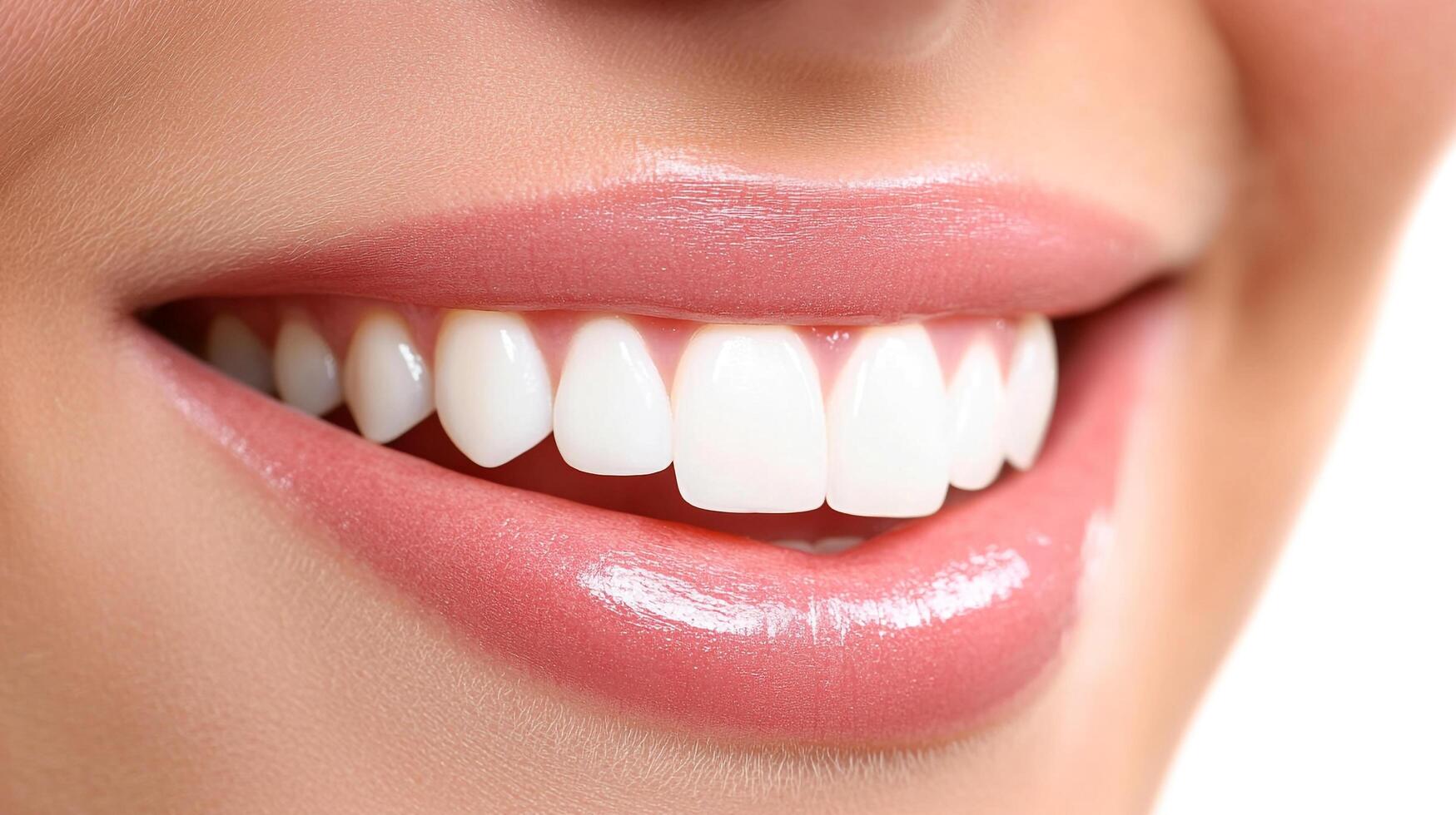 A radiant smile showcasing healthy teeth and glossy lips. Captivating dental aesthetics. Flawless oral presentation. A bright, welcoming expression. photo