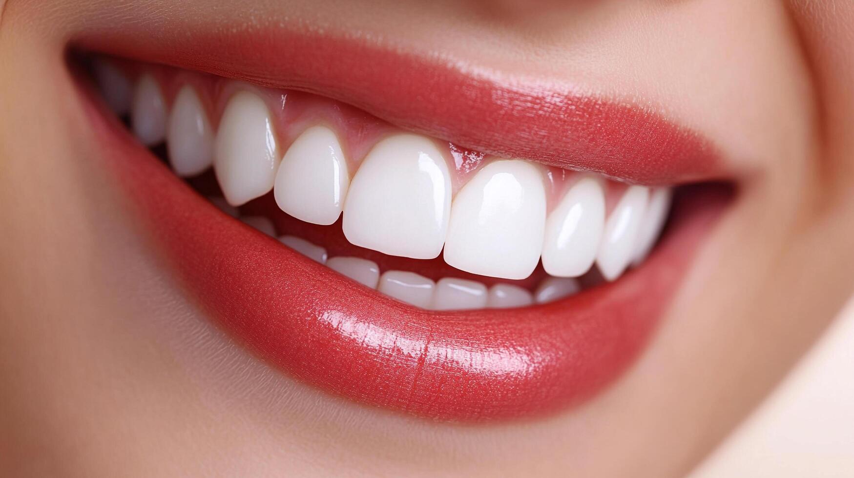 Close-up of a woman's smile with perfect, white teeth and glossy red lipstick. Aesthetic dentistry and beauty concept. photo