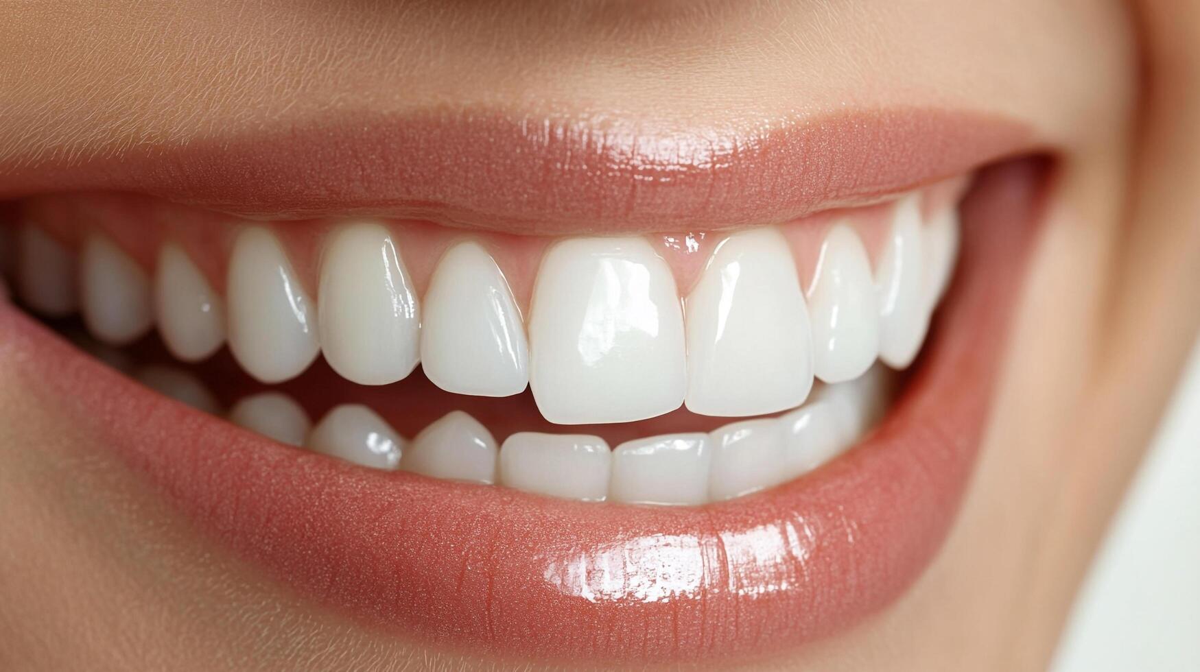 Close-up of a radiant smile showcasing perfectly aligned, bright white teeth and glossy, healthy lips. Dental perfection revealed. photo