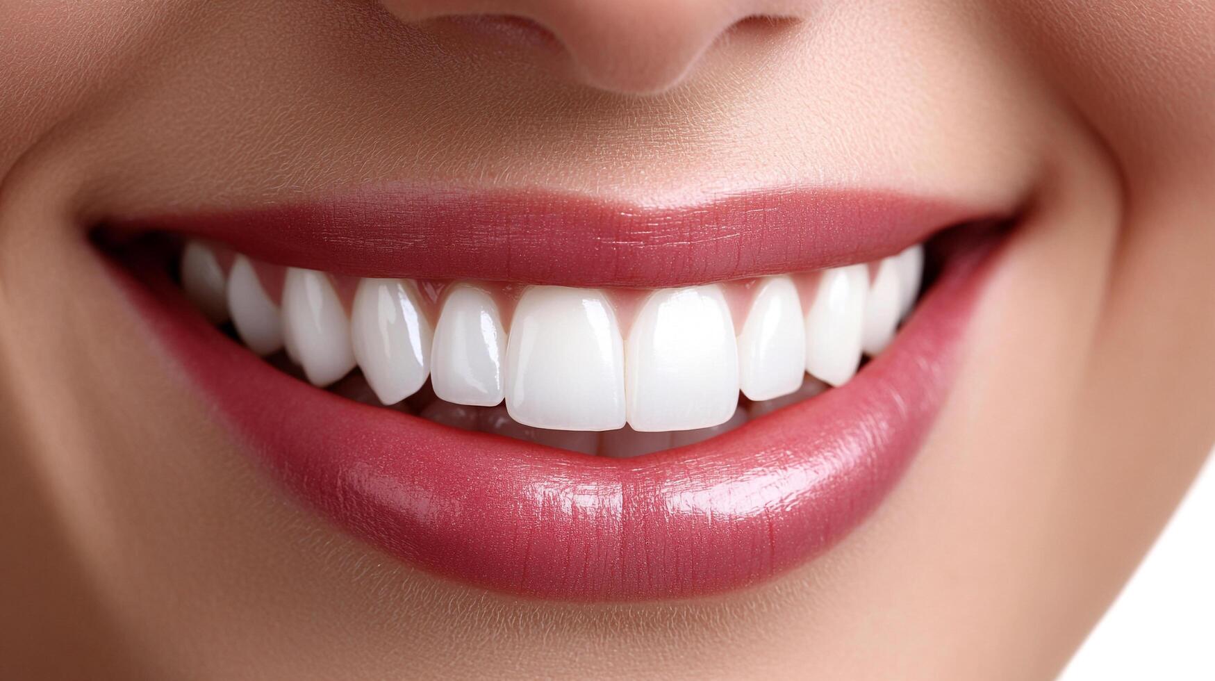 Close-up of a wide, beaming smile with bright white teeth and pink lipstick, symbolizing beauty, confidence, and excellent dental care. photo