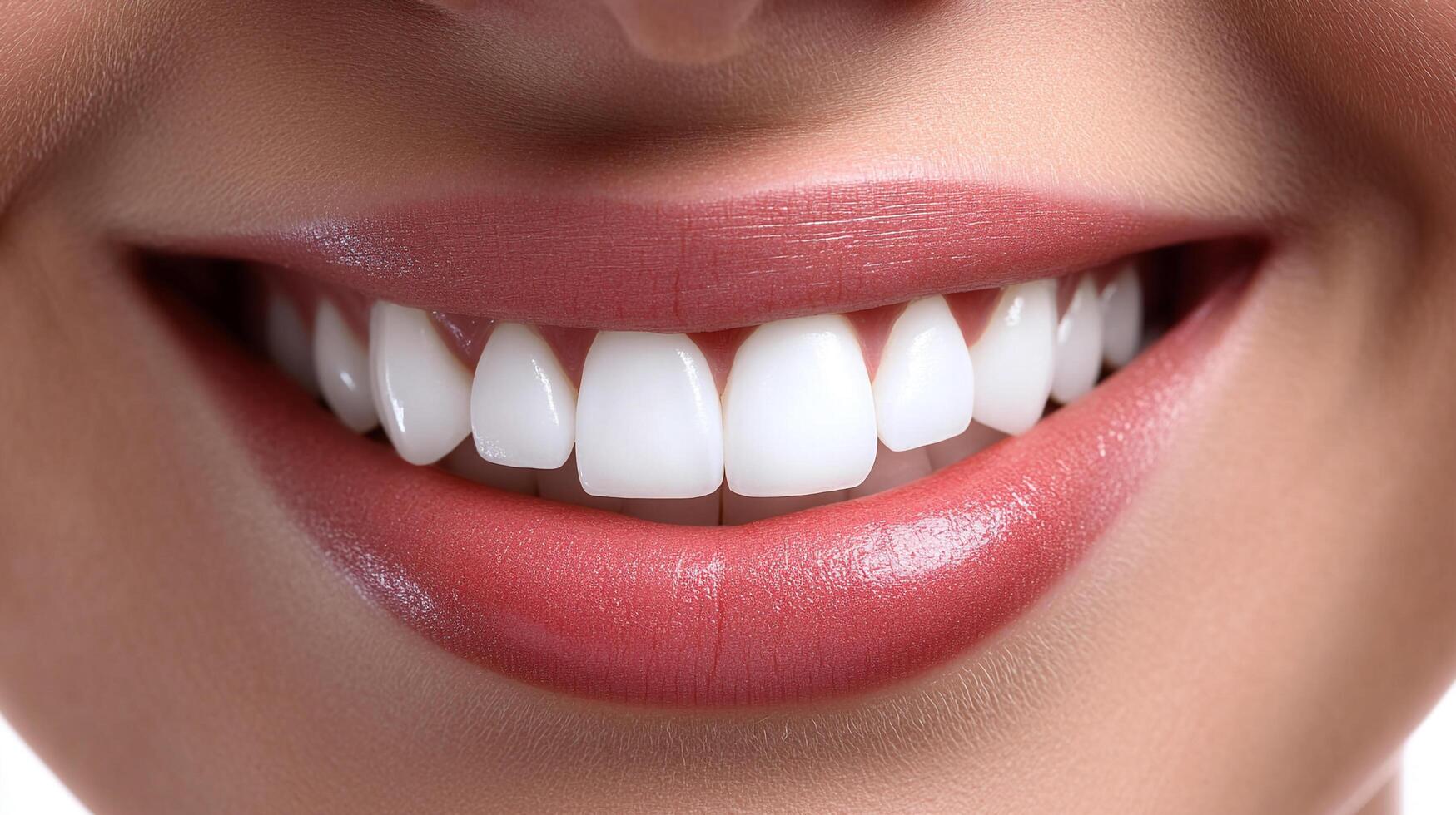 Close-up of a radiant smile showcasing perfectly aligned, bright white teeth and pink lips, conveying oral health and beauty. photo