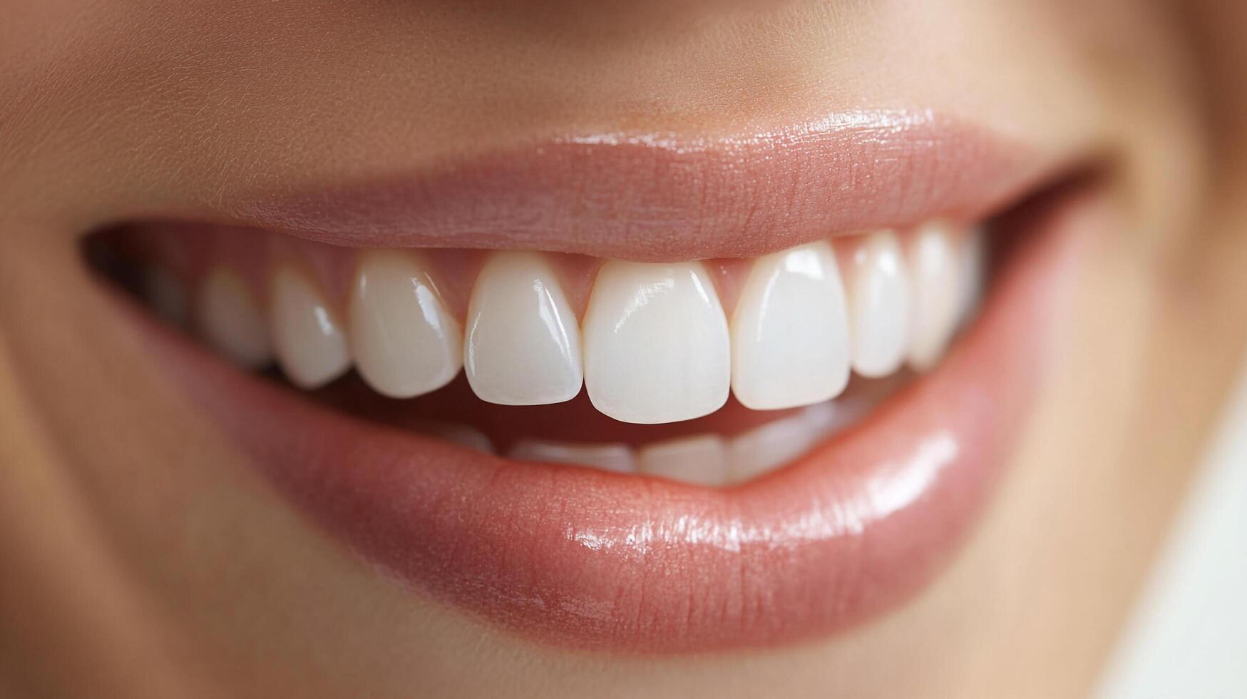 Closeup of a radiant smile featuring bright, white teeth and glossy lips, showcasing dental hygiene and healthy aesthetics. photo