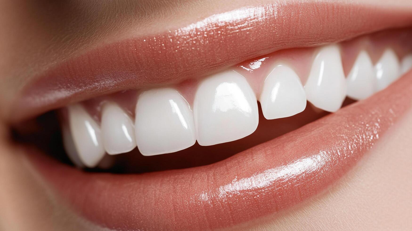 Close-up of a radiant smile with pristine white teeth and glossy lips, showcasing dental perfection and cosmetic appeal. A bright healthy mouth photo