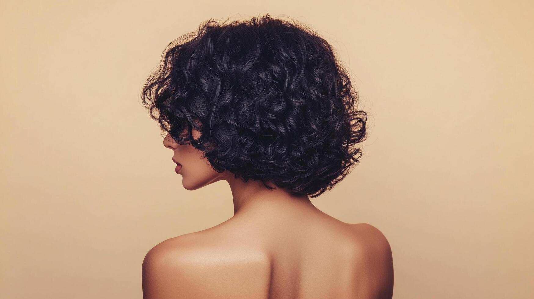 A woman showcases a stylish, curly, bob hairstyle against a tan background, focusing on the back view and overall elegance. photo