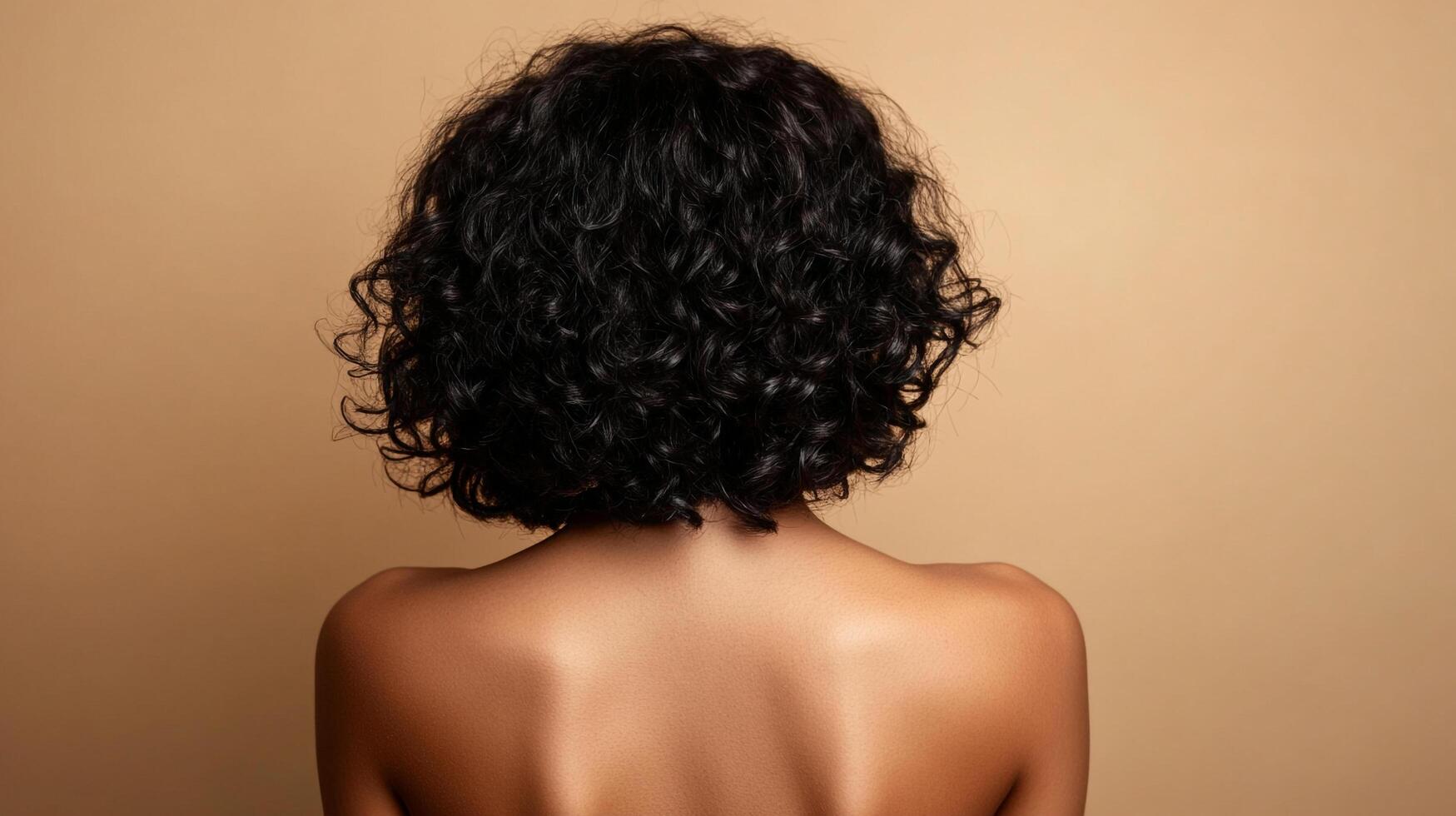 Woman showcases her black curly hair against a soft tan backdrop, emphasizing natural beauty and simple elegance from a rear view. photo