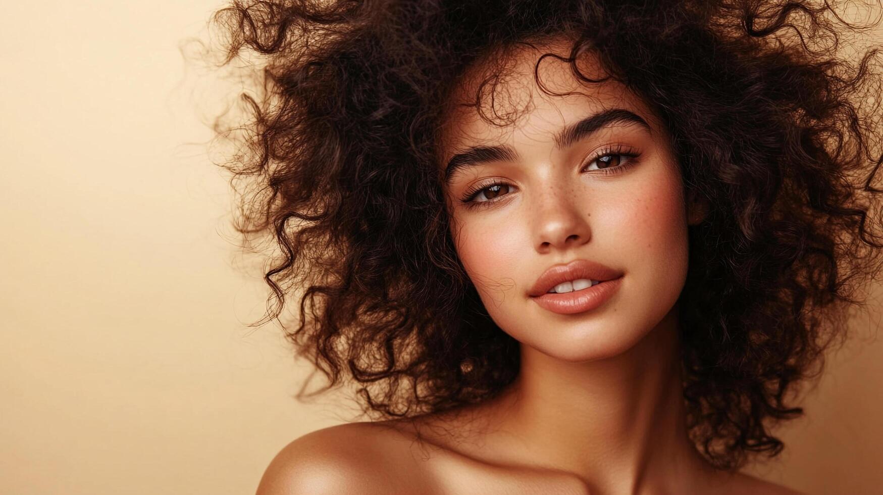 Stunning portrait of a woman with flawless skin, natural makeup, and voluminous curly hair against a neutral background. photo