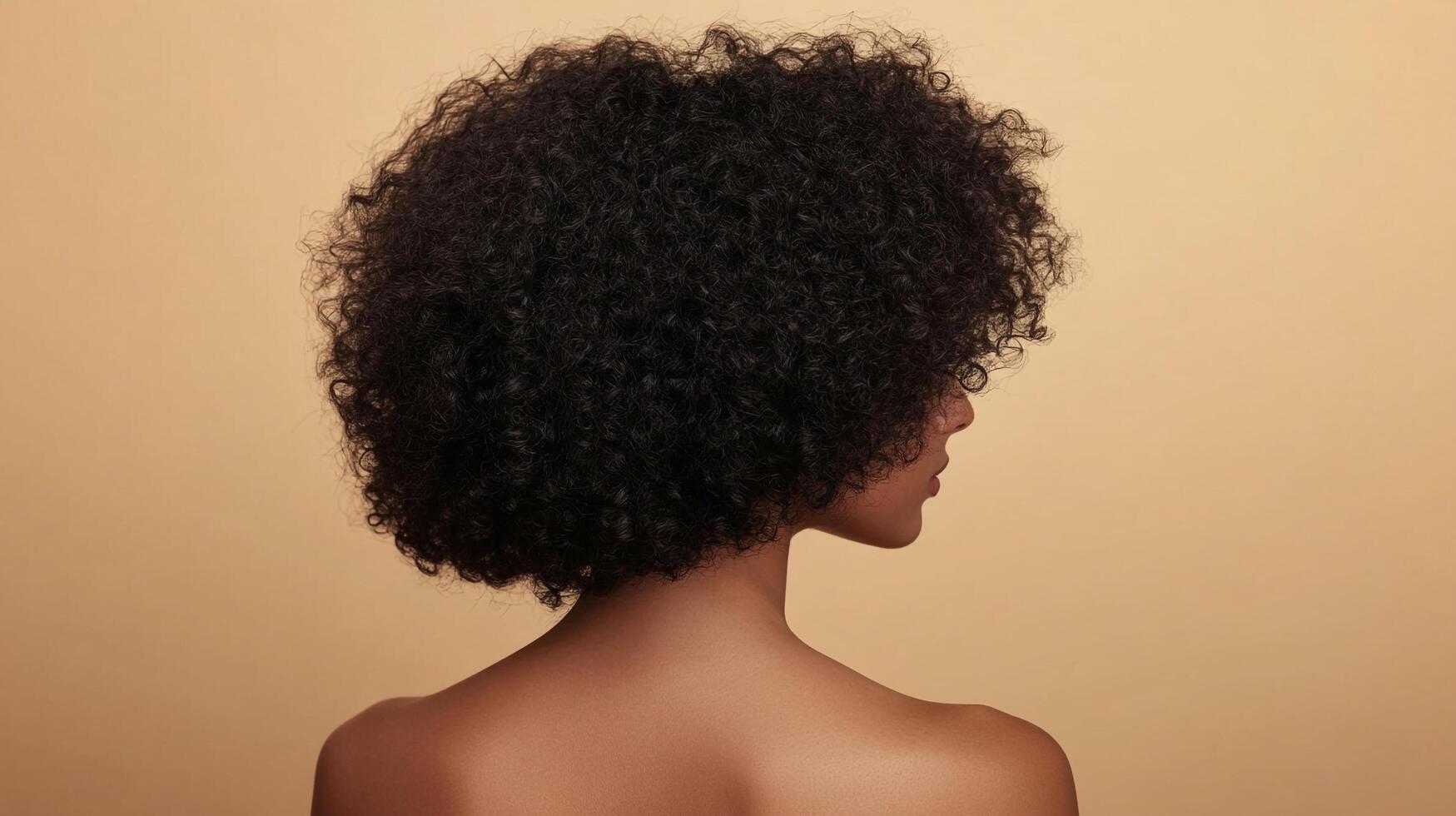 Woman showcases voluminous curly hair against a plain background. Minimalist style with focus on natural beauty and unique texture. photo