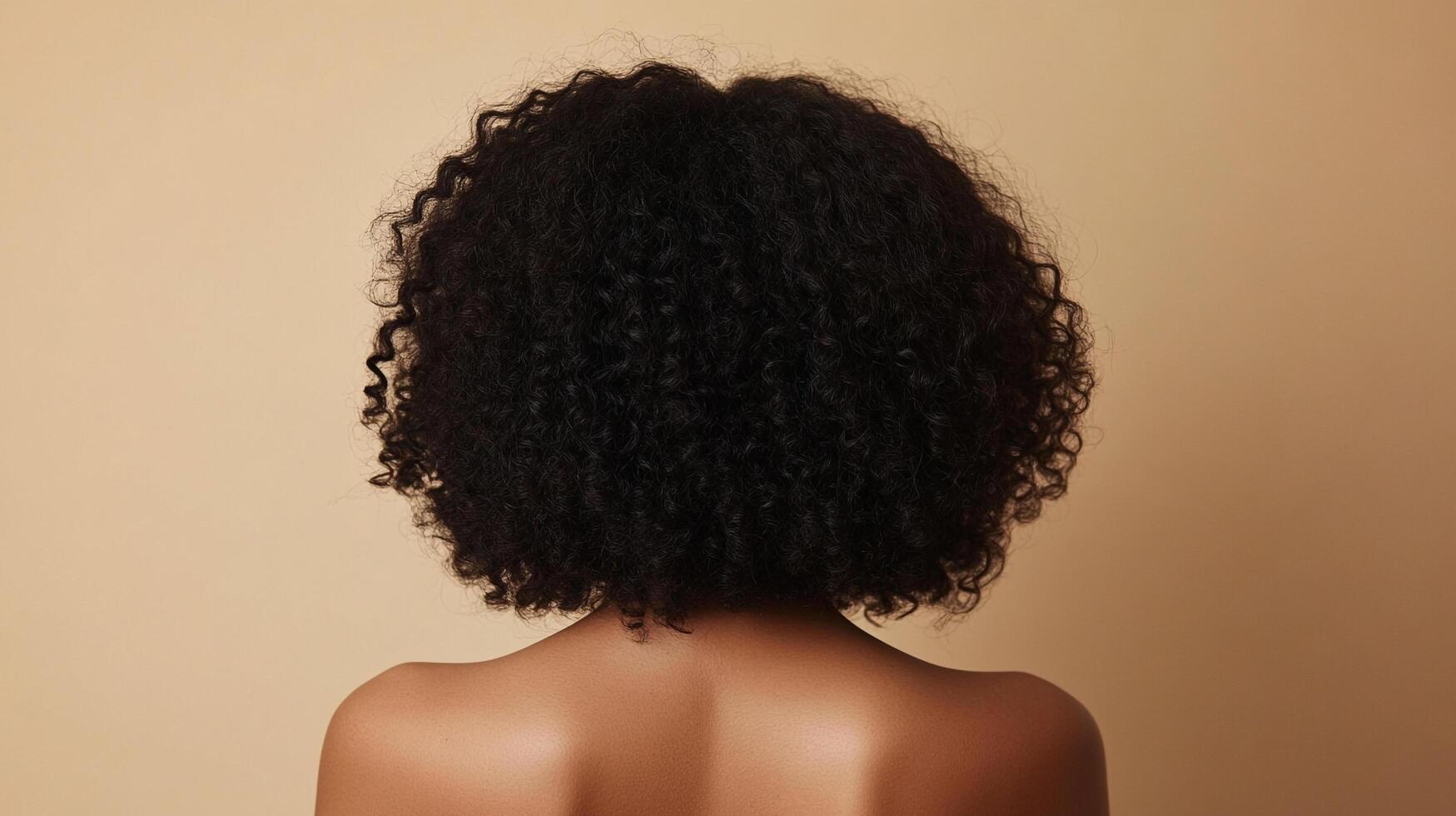 Back view of a woman showcasing naturally curly black hair. The image highlights the hair's texture against a neutral background. photo