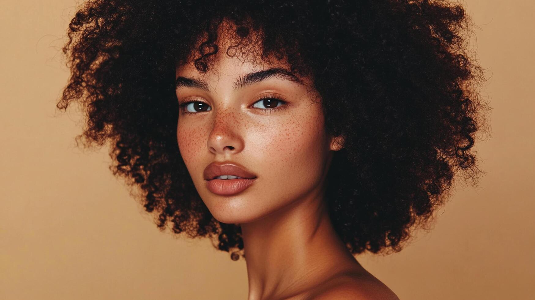 Striking portrait of a woman with curly hair, beautiful skin, and freckles, set against a minimalist background. photo