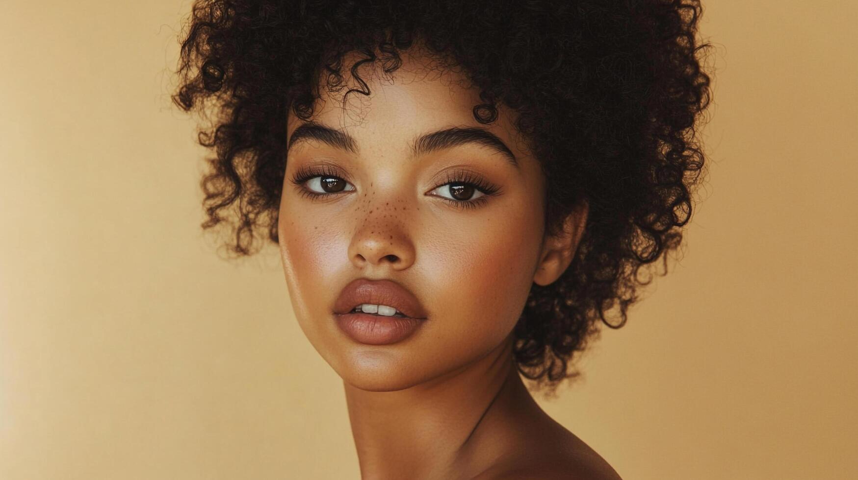 Portrait of a young woman with curly hair, flawless skin, and freckles against a neutral backdrop. Radiant and captivating beauty. photo