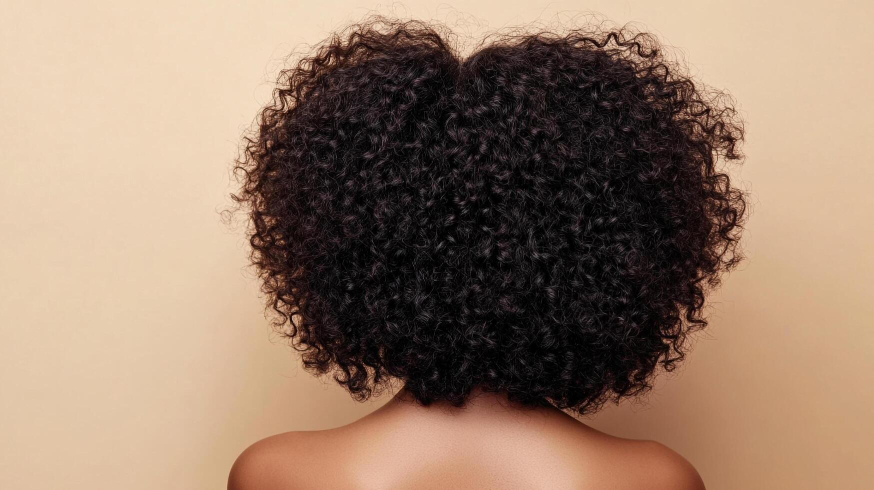 Close-up of a person with voluminous, dark curly hair against a neutral backdrop, showcasing natural texture and form. Beauty concept photo