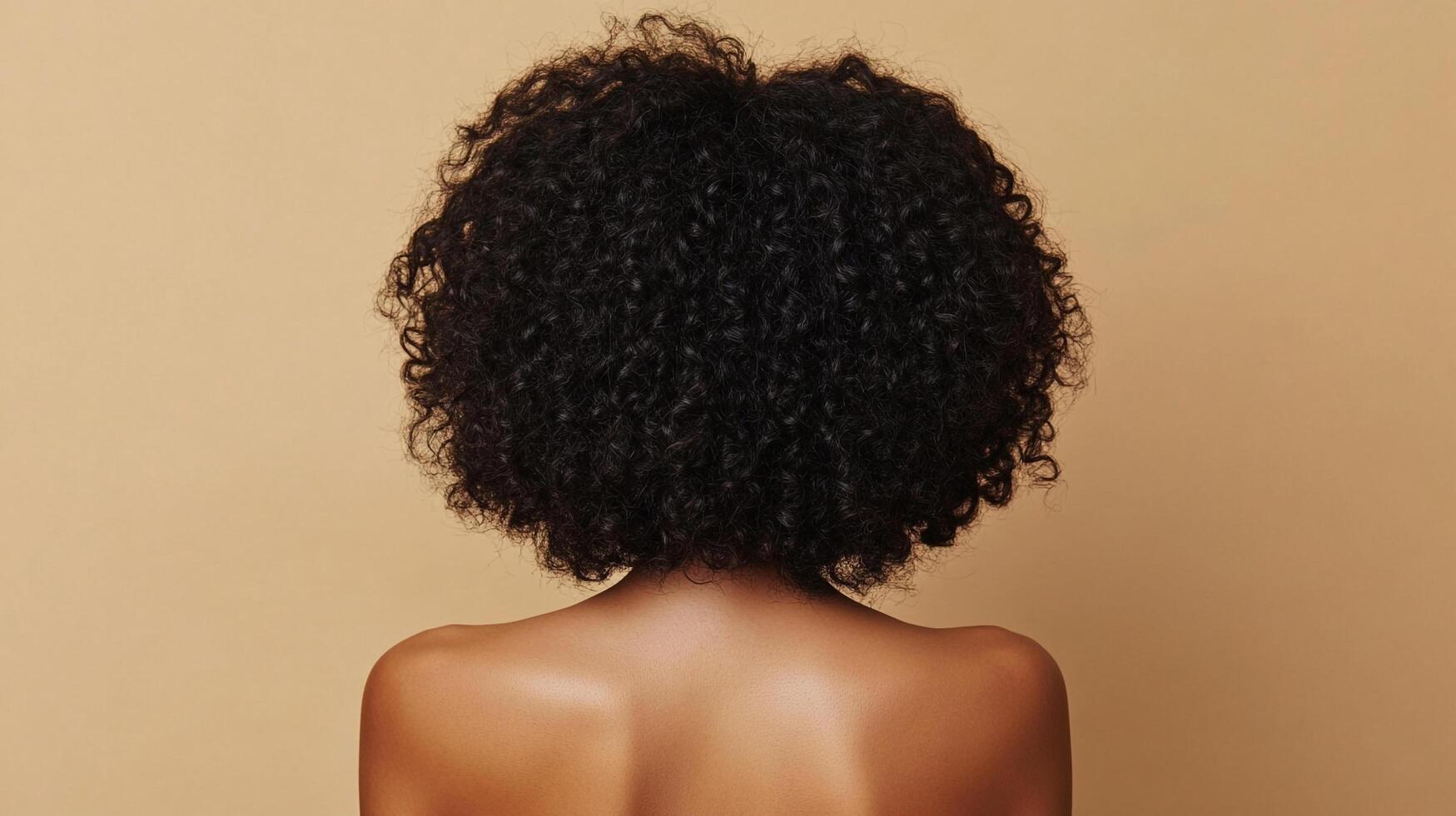 A person with beautiful, dark curly hair and smooth, radiant skin, seen from the back against a neutral backdrop, showcasing texture and tone. photo