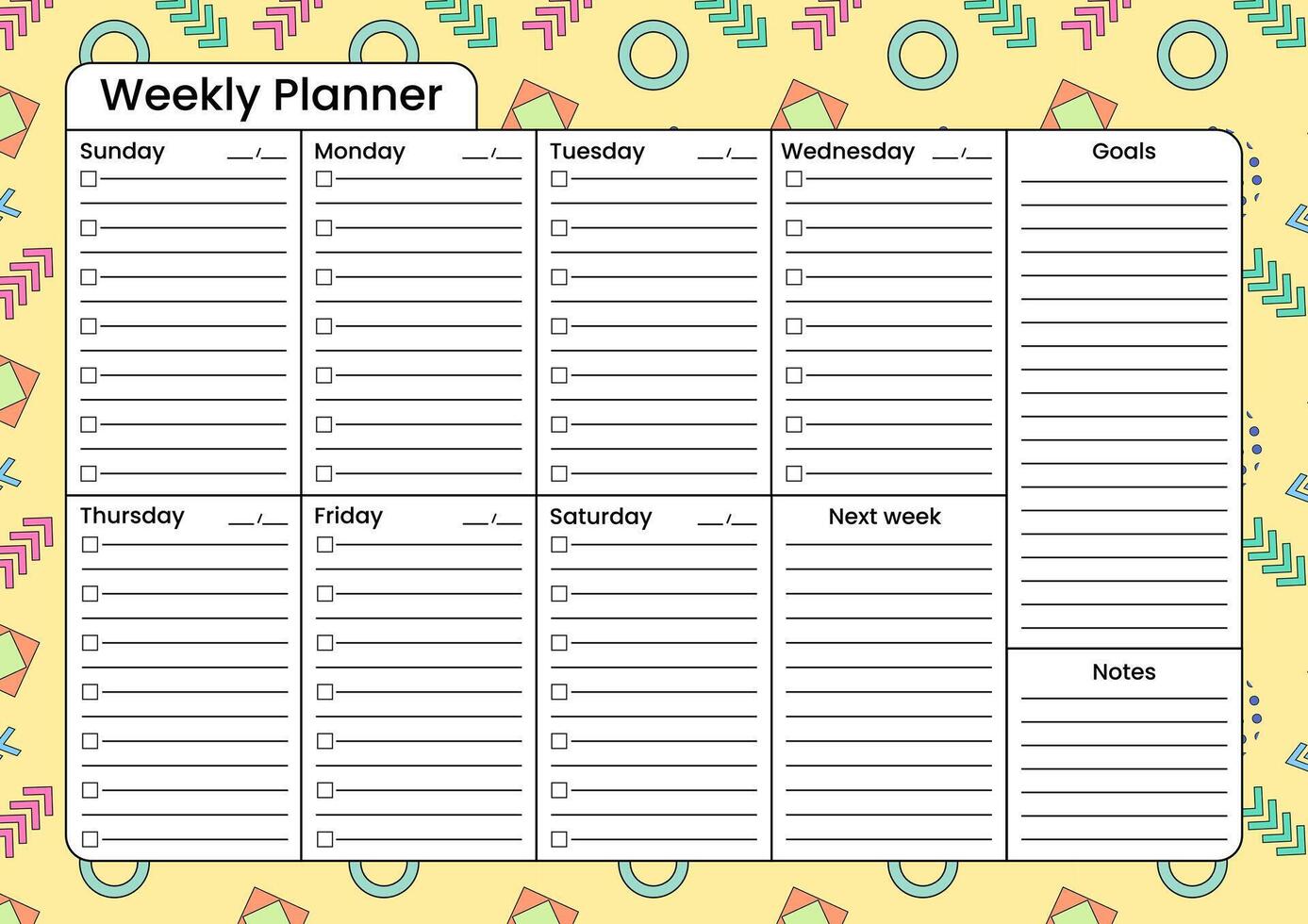 Bright weekly planner template with to-do lists, goals, and notes section, featuring a fun geometric background. vector
