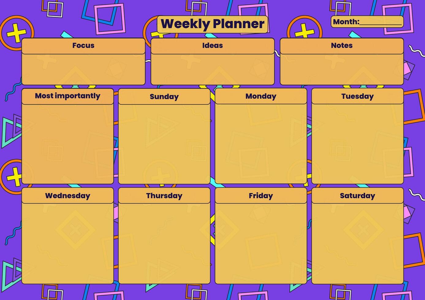 A vibrant weekly planner template with sections for daily tasks, focus, ideas, and notes on a geometric background. vector