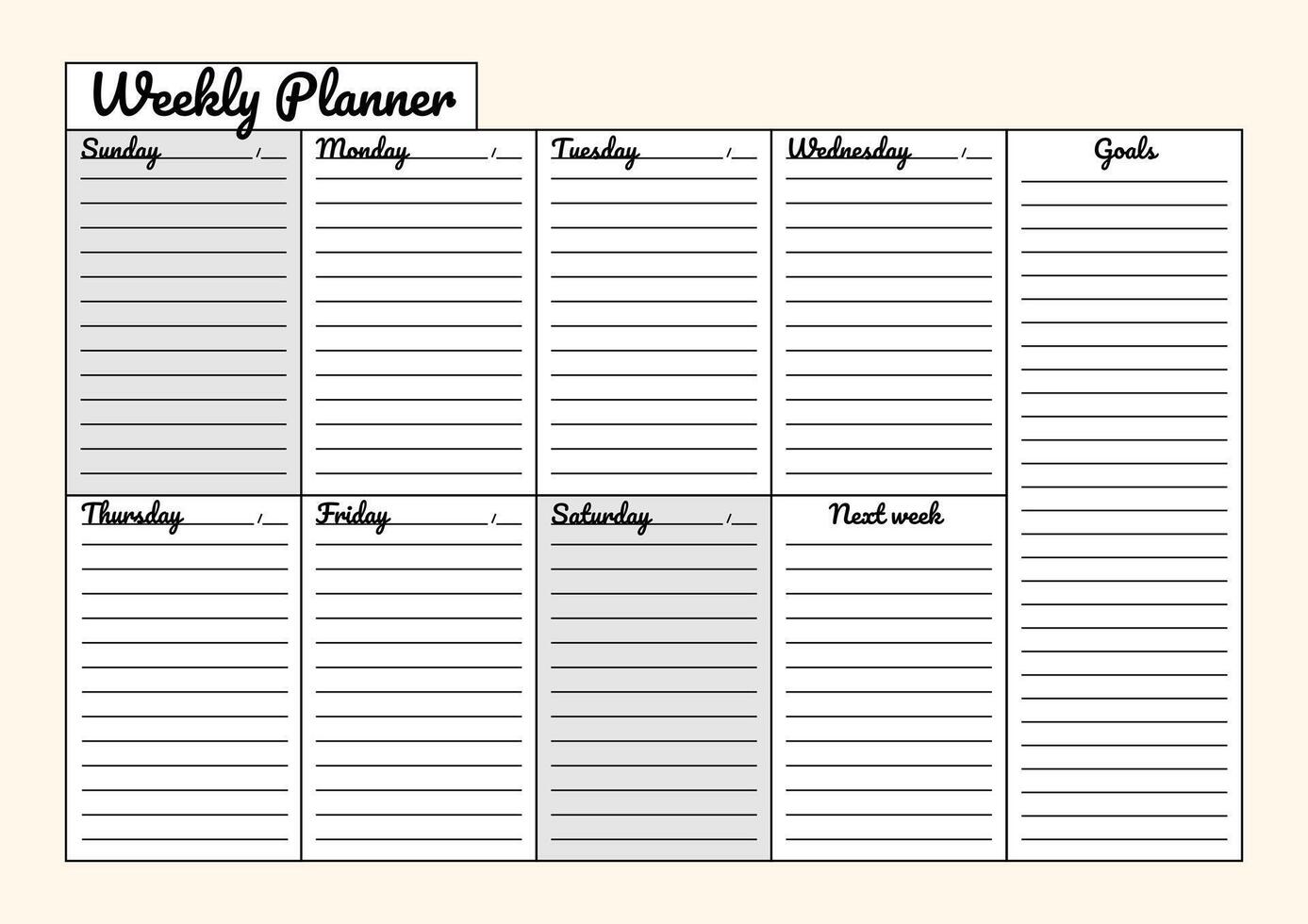 Simple black-and-white weekly planner with daily sections, goal setting, and next week planning for better organization. vector