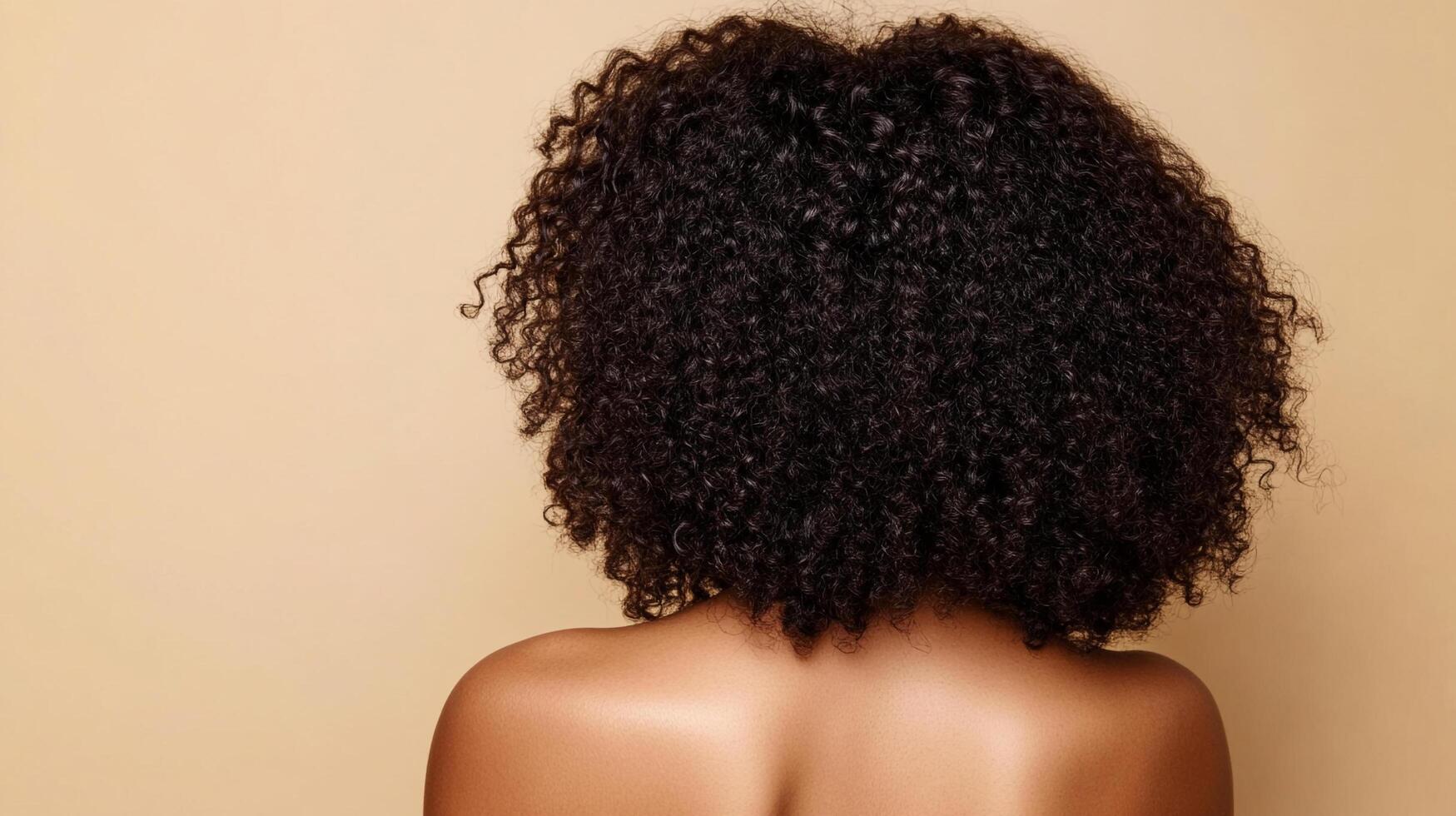 A stunning display of natural black hair cascading over bare shoulders, set against a soft, neutral backdrop for a minimalist yet elegant aesthetic. photo